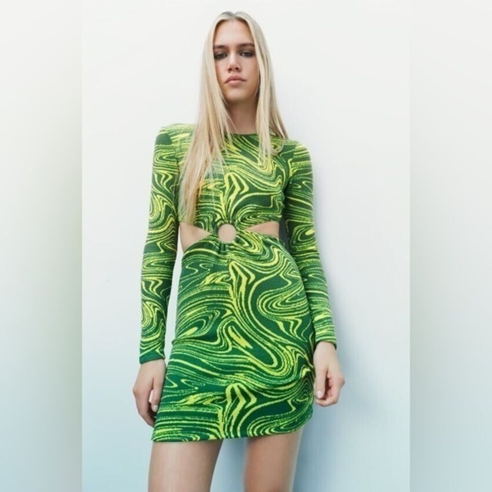 NWT Zara Blogger Green Yellow Marble Jacquard Cut Out Long Sleeve Dress Small